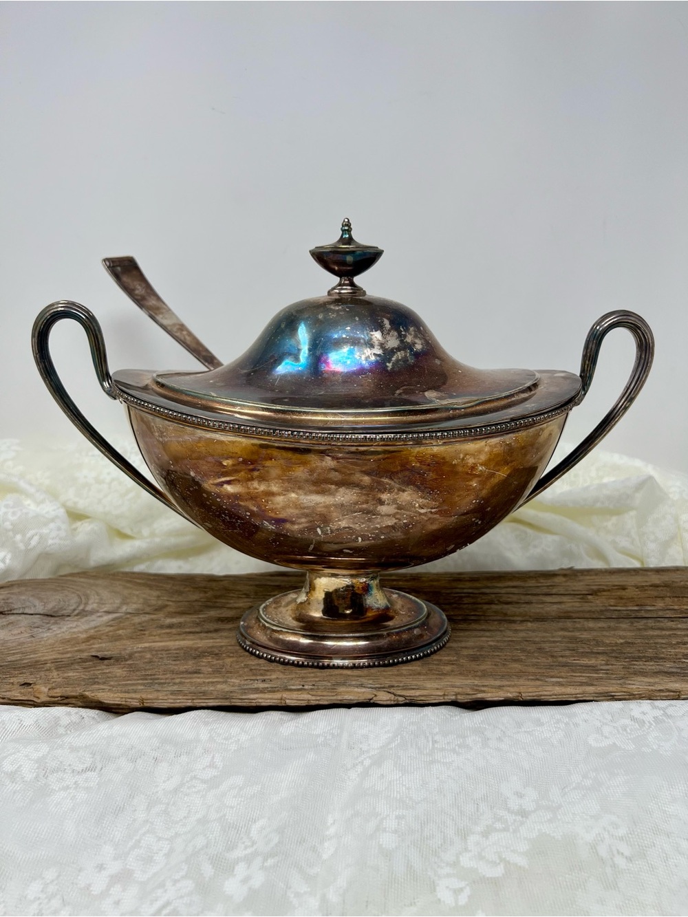 Vintage Covered Serving Tureen with Ladle in Tarnish